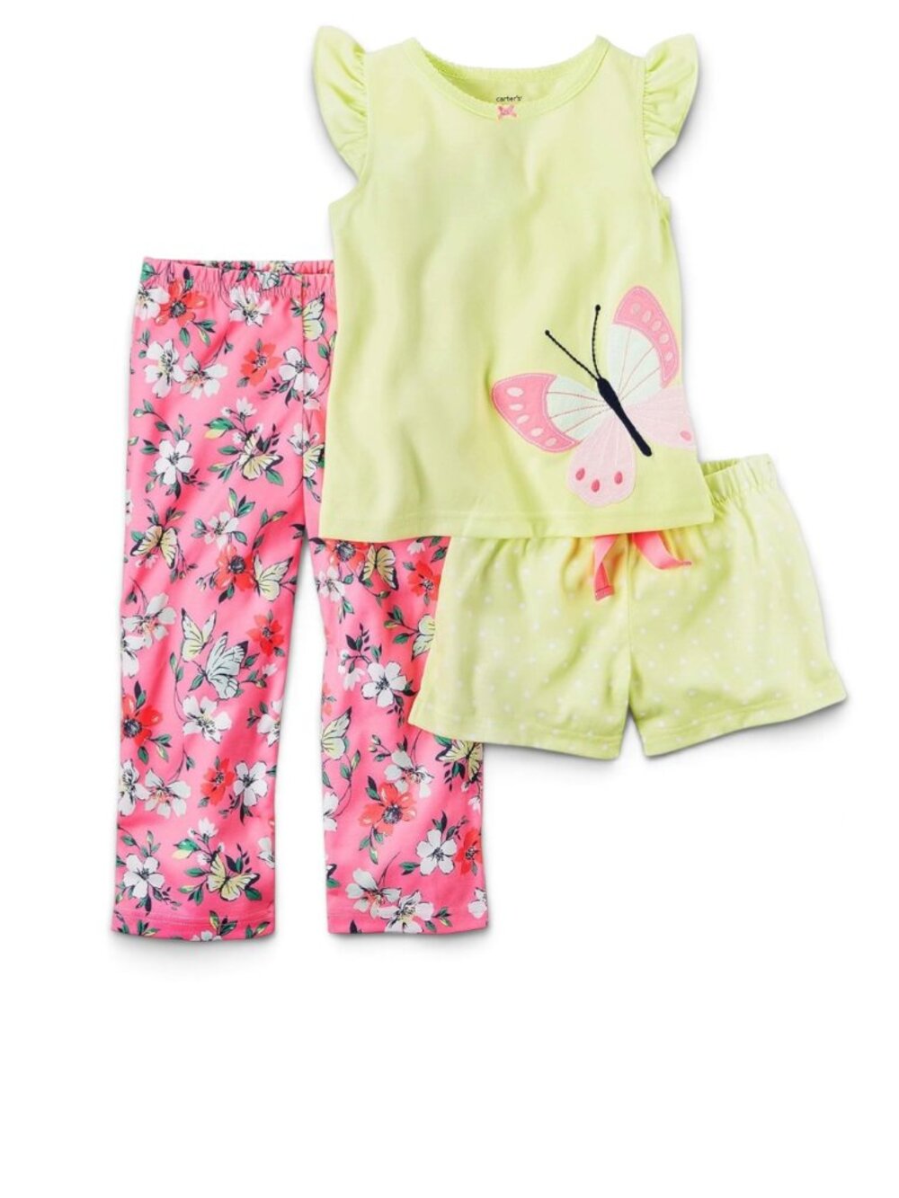 NWT Carter’s Girls Butterfly Floral 3 Piece Outfit Top Pants Shorts Pink Yellow
